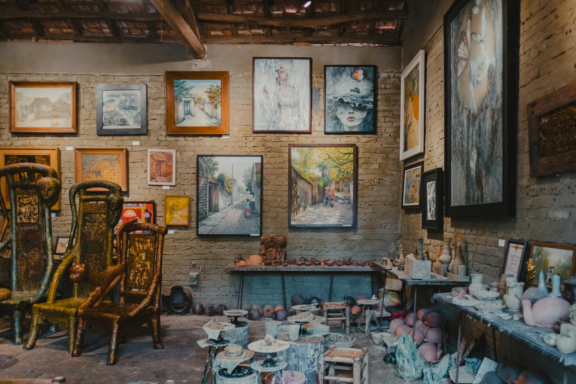 rustic art gallery with eclectic decor display